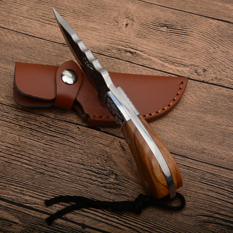 Fixed Blade Hunting Knife 440C Satin Blade Full Tang Wood Handle
