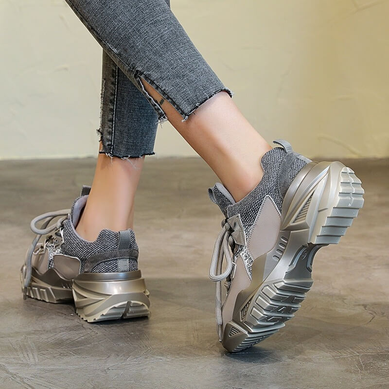 Nevada Gne Leather Chunky Sneaker, Women Cross-tie Fashion Casual Shoes Footwear
