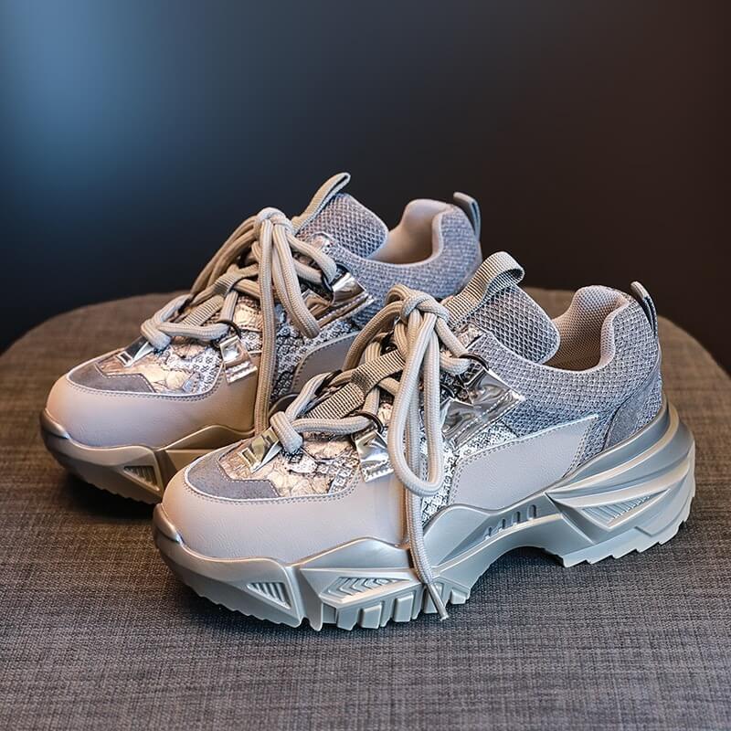 Nevada Gne Leather Chunky Sneaker, Women Cross-tie Fashion Casual Shoes Footwear