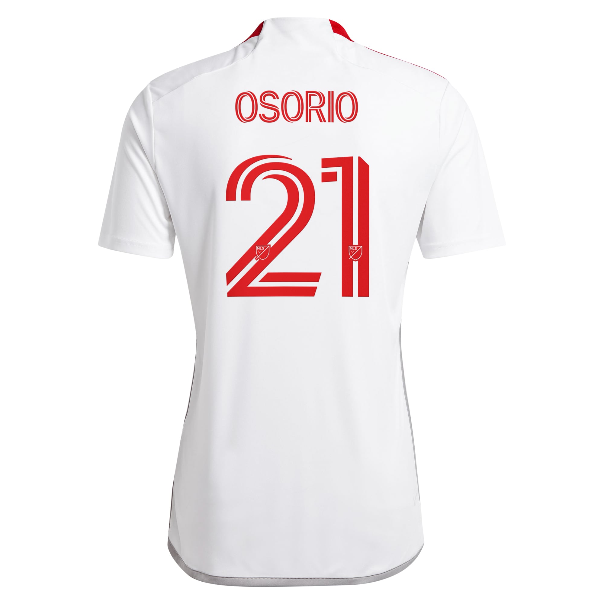 Back view of adidas Jonathan Osorio Toronto FC jersey 2025 in white with red lettering and number 21