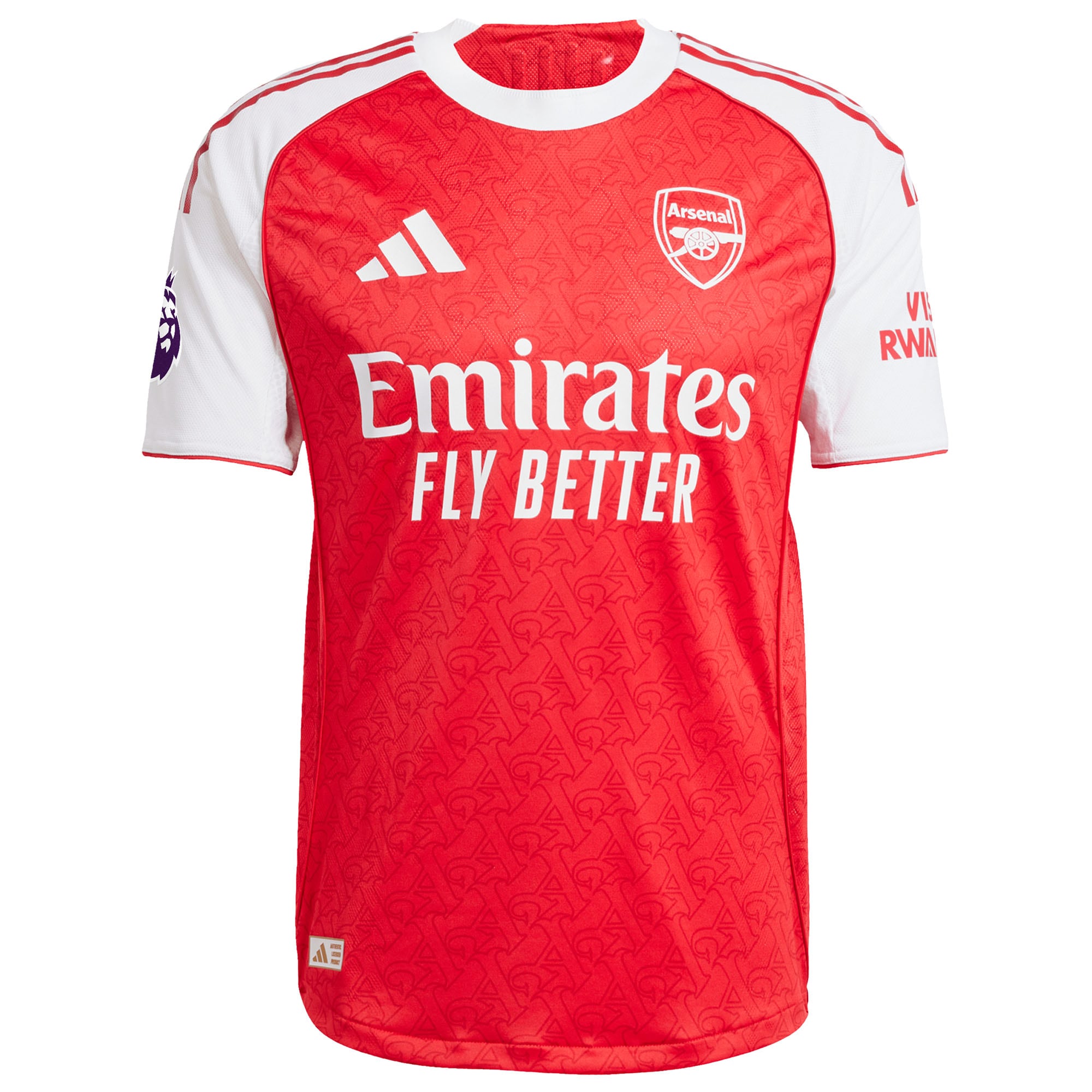 adidas William Saliba Arsenal jersey 2025 in red and white with Emirates Fly Better logo