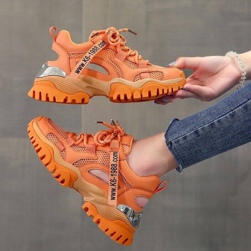 Hollow Summer Sneakers Women Fashion Casual Shoes Genuine Leather Platform Chunky Sneakers Ladies Lace-Up Women Shoes Wedges