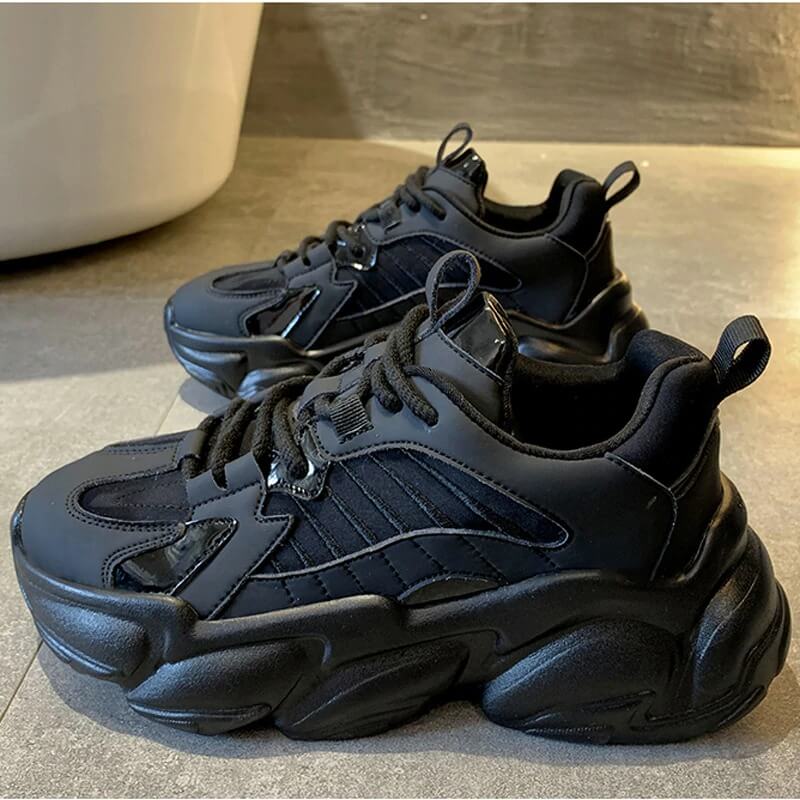 Women's Lace up Sneakers Black chunky Platform White Casual Leather breathable Fashion All-match Female Ladies Sports Sneakers