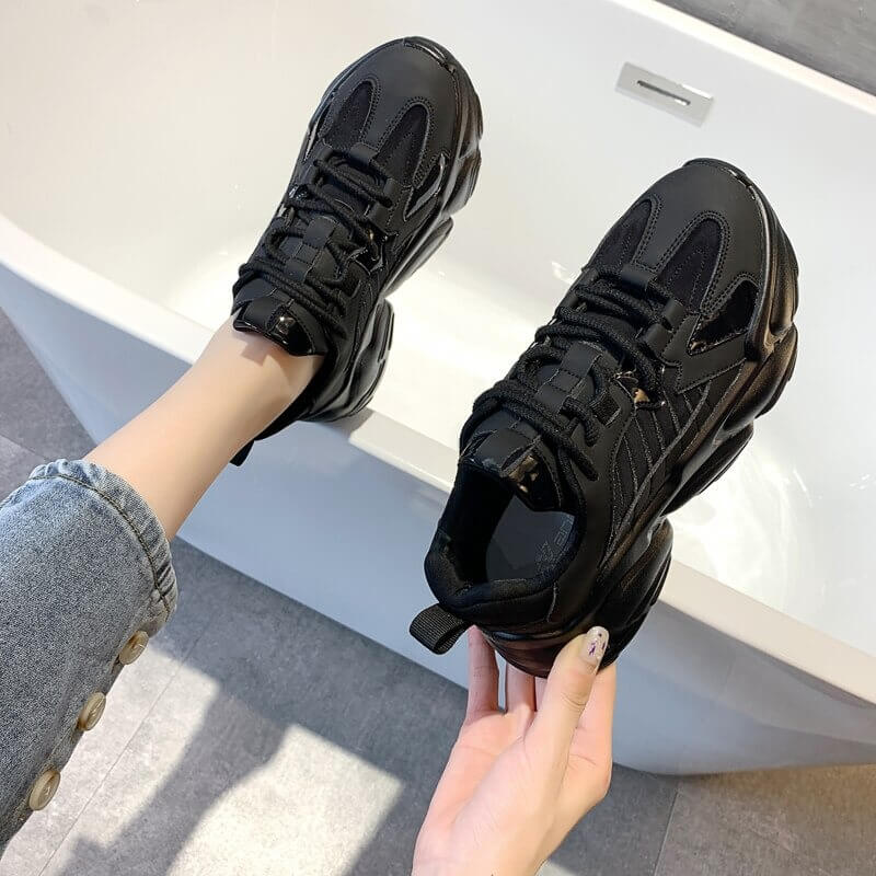 Women's Lace up Sneakers Black chunky Platform White Casual Leather breathable Fashion All-match Female Ladies Sports Sneakers