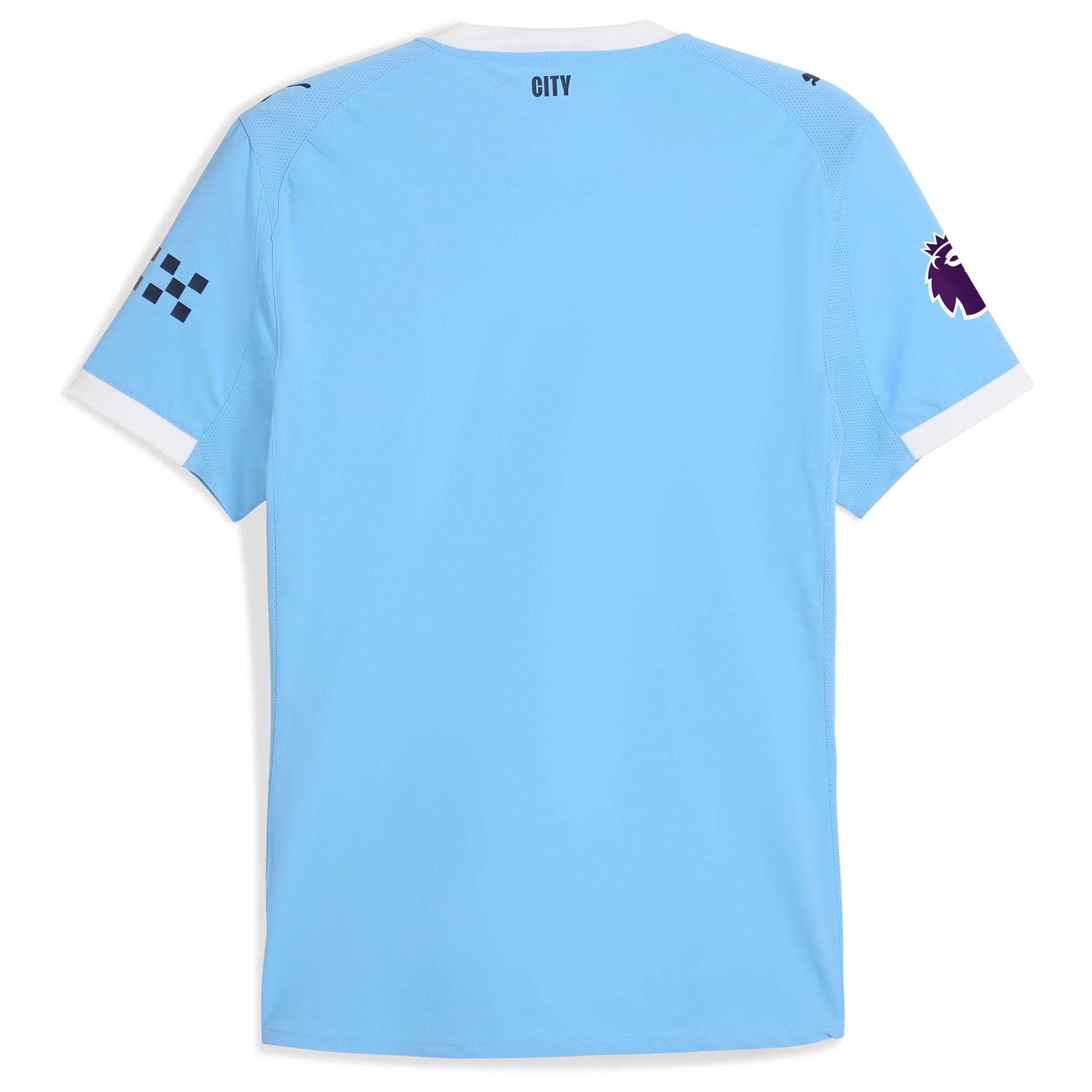Back view of Manchester City 2025 home Puma jersey in light blue with white trim and Premier League patches